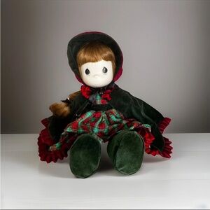 Precious Moments Style Enesco Christmas Girl Doll – Velvet Cape, Plaid Dress